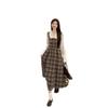 Women's Plus Size French Plaid Wool Dress Set - Waist-Cinched Slimming Long Skirt