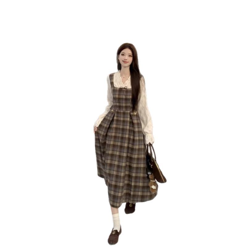 Women's Plus Size French Plaid Wool Dress Set - Waist-Cinched Slimming Long Skirt