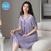 Women's Court Style Cotton Silk Nightgown with Built-In Bra Pads, French Large Size Summer Pajama Dress