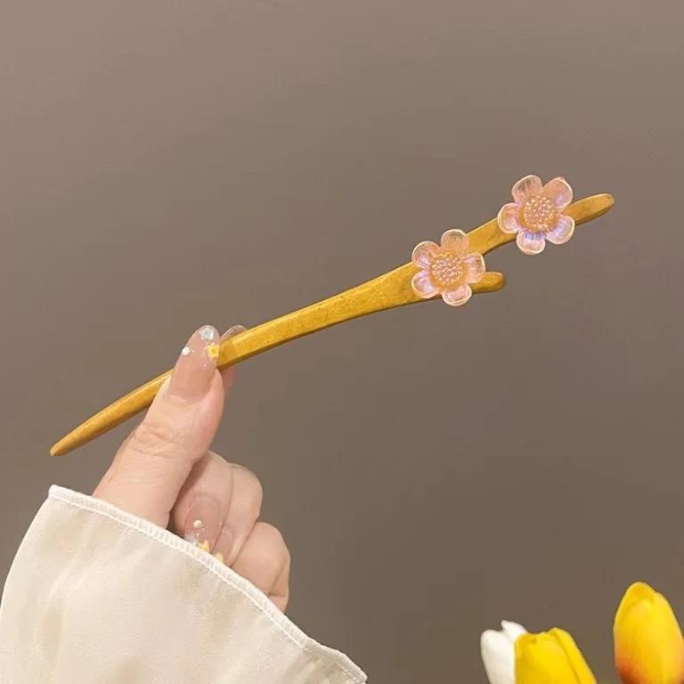 Pink Peach Blossom Hair Stick Women Girl Chinese Style Elegant Hairpin Simple Wood Hair Fork Vintage Headwear Hair Accessories
