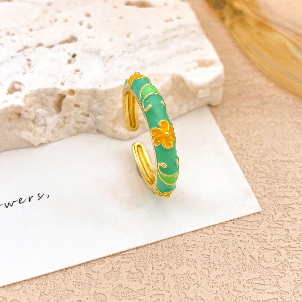Unique Enamel Dot Open Ring Chinese Style Adjustable Ring Elegant Bohemian Ring  Women