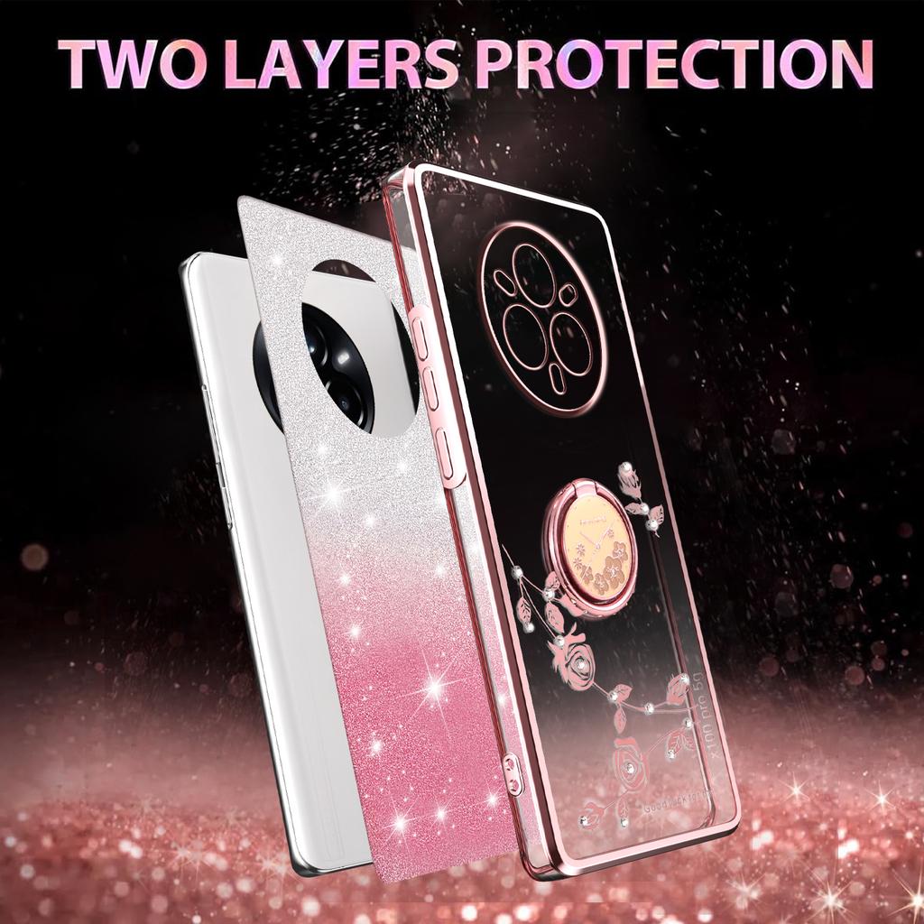 KADEM For Realme 14 Pro 5G Deksel Ring Støtte TPU Blomster Telefondeksel Gradient Glitter