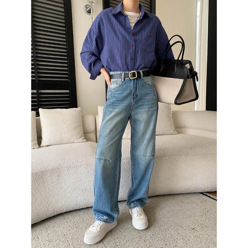 

Sinan Spring Retro Color Block Striped Cotton Lapel Shirt SN8627 One Size синій