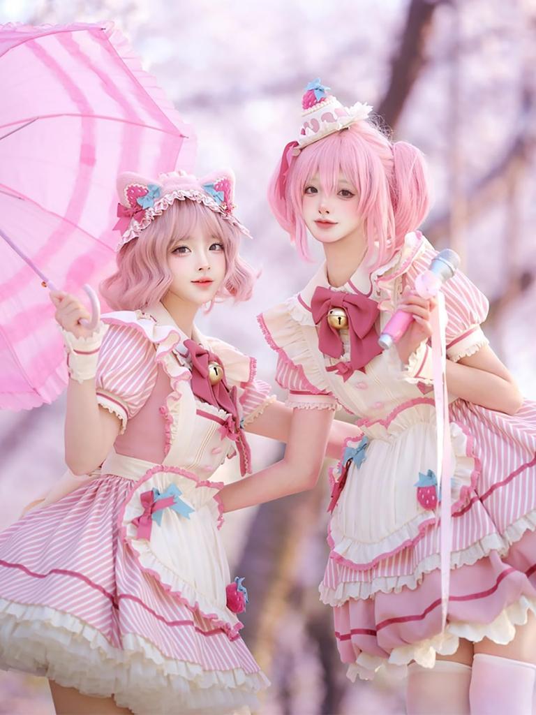 XHSUKADO Maid Outfit and Striped Lolita Dress with Ruffles and Perfect for Idol and Size Women's 2-Piece Set, Dress, Apron, Ribbons, Cosplay,