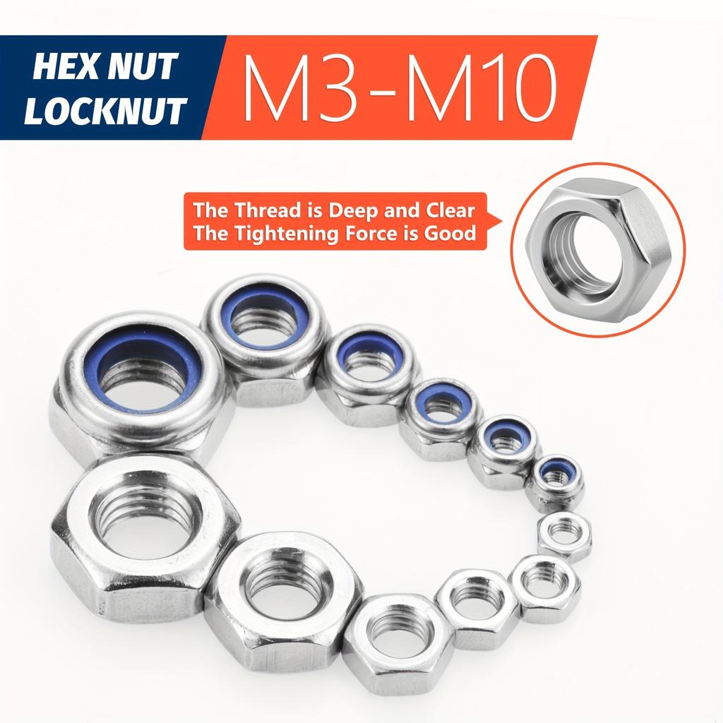175pcs Stainless Steel Lock Nuts & Hex Nuts Assortment Kit, M3 M4 M5 M6 M8 M10, Assorted Metric Nylon Insert Lock Nuts & Hex Nut Set