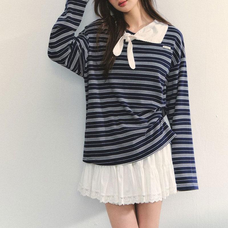 American Vintage Striped Bandage T-shirts Autumn Doll Collar Fashionable Spliced Female Clothing Contrasting Colors Pullovers