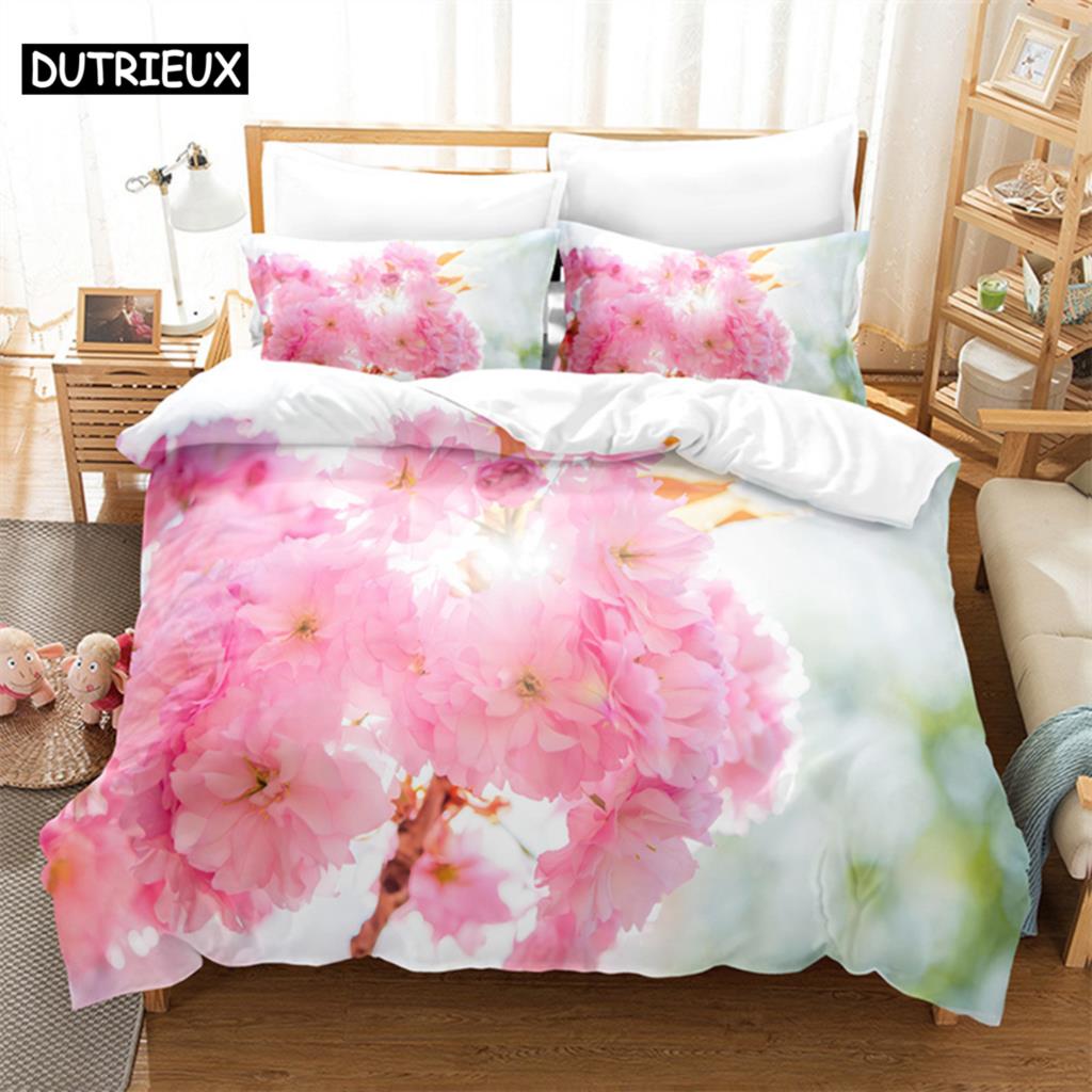 Flowers Green Leaves Queen Bedding Set Duvet Cover Bedroom Bed Set Comforter Cover Set King Size Duvet Cover Set Bedding Sets