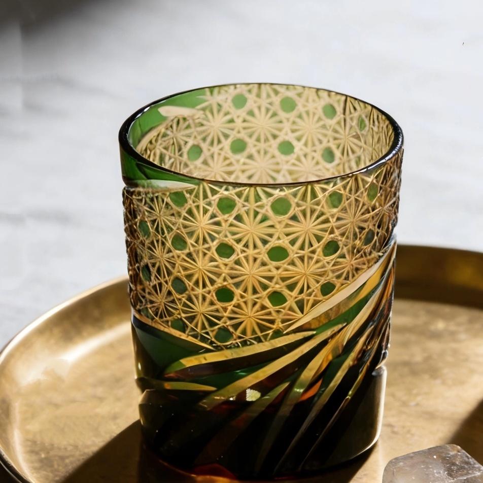 Japanese Style Edo Kiriko Hand Blown Wine Glass 240 Ml Amber Multi-color Tumbler for Whiskey Cocktail Vodka Beer Drinking