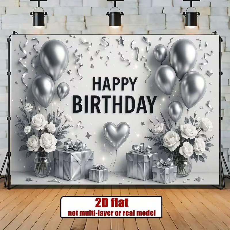 

2D Silver White Happy Birthday Backdrop Banner Party Decor 47.2x31.5inch/120*80cm