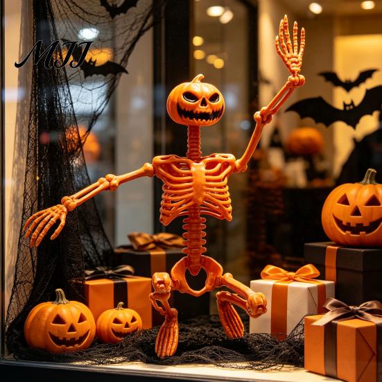 Pumpkin Skull Prop 40cm Head Skeleton for Halloween Decoration, Movable Joint Spooky Party Supplies Figurine with Hanging Lanyard, Festive Statue