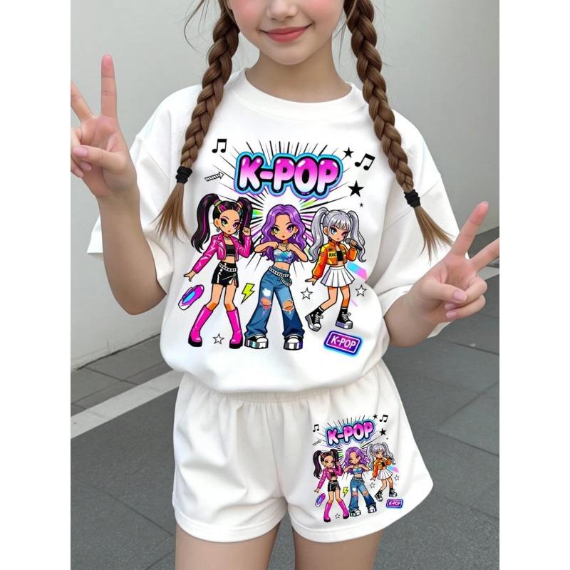 Kpop Cartoon Graphic Girls T-Shirt and Pants Set Girls' Summer Clothing Cute Short Sleeve Set Children's T-Shirt and Shorts Set