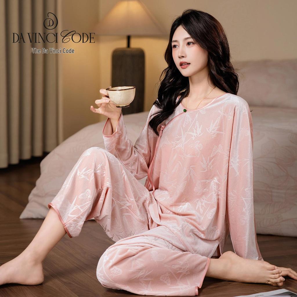 Da Vinci Code Bamboo-Inspired Gold Velvet Women’s Long-Sleeve Pants Set: Cozy Autumn/Winter Home Wear