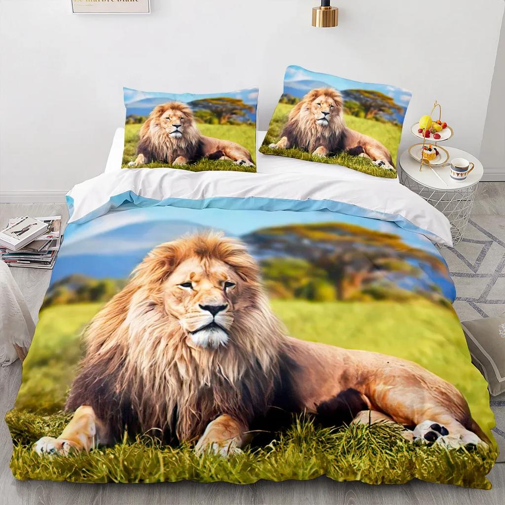 3PCS Lion Bedding Set Cool Animal Bed Linen Home Decor Single Double Twin Size For Boys Girls Kids Adults Lion Duvet Cover Set