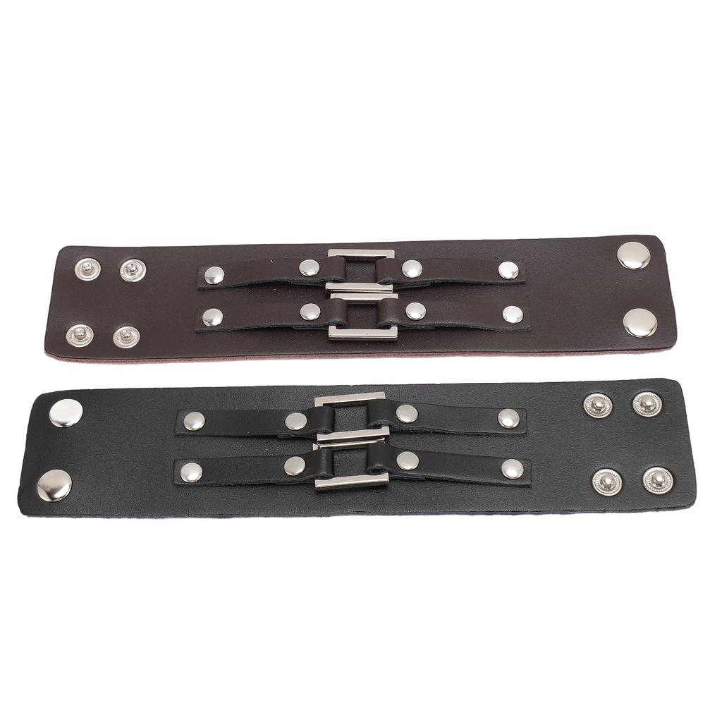 2pcs Wide PU Leather Bracelet Wrist Cuffs Punk Cuff Bracelet for Motorcycle Rider Black Brown