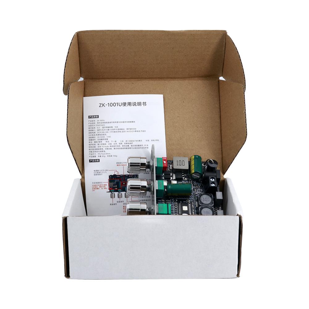 

ZK-1001U 100W Mono Bluetooth Amplifier Board With Boost Circuit TPA3116D2 AUX USB Inpu Support TWS DC 9–24V
