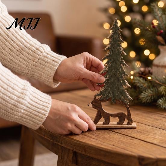 Creative Gift for Friends And Family 4Pcs Wooden Animal and Pine Ornaments, Fox Rabbit Bear Hedgehog Rustic Forest Theme Decorations Figurine,