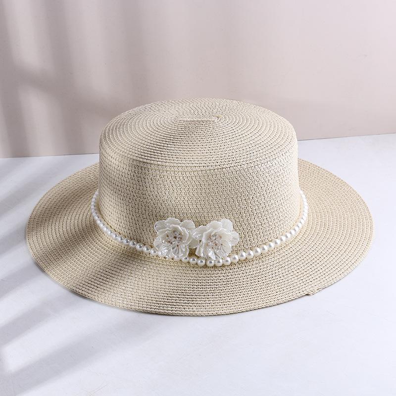 

Summer Shade Face Shade Sun Hat Pearl Flower Hepburn Wind Beach Holiday Flat Top Straw Top Hat M（56-58cm）