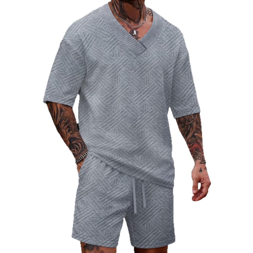 Men's V-neck Jacquard Casual Shirt & Shorts Set - Solid Color, Short-sleeve, Versatile