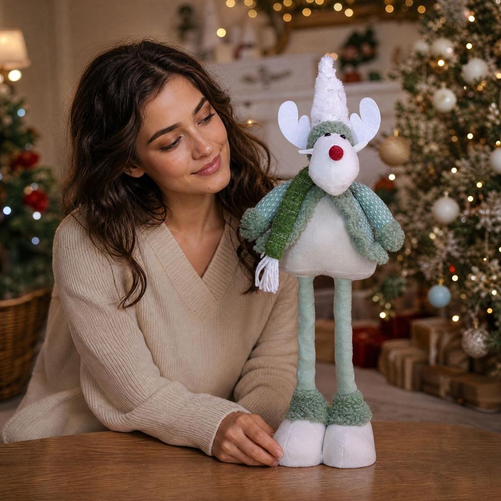 Standing Stretchy Christmas Doll with Striped Santa and Snowman, Green Long-Legged Plush Figure for Hotel Window Display