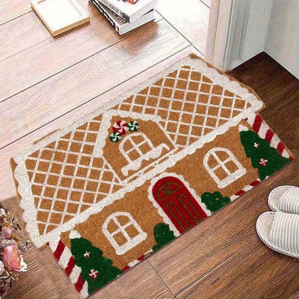 Christmas Gingerbread House Shaped Area Rug Non-Slip Soft Microfiber Door Mat Plush Decorative Rug Welcome Mat Home Decor