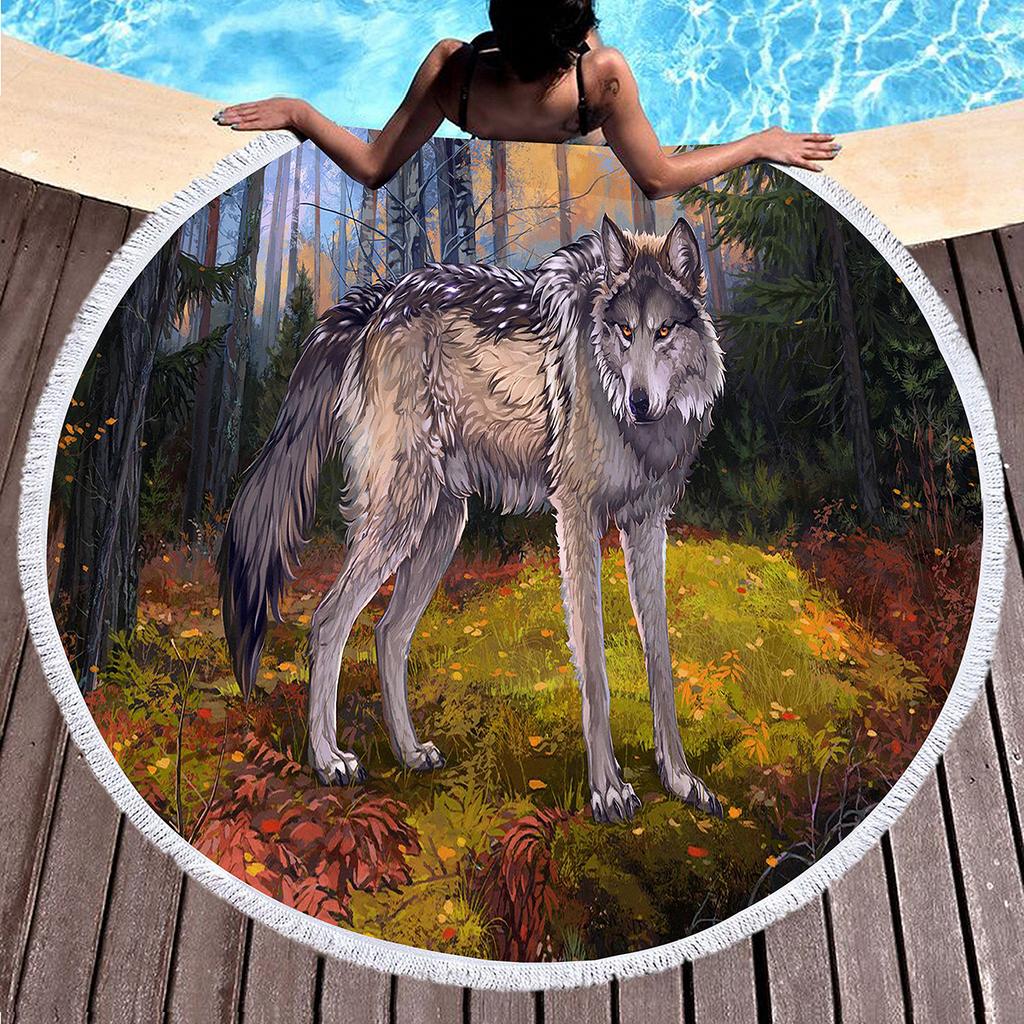 Wild Animal Print Round Beach Towel with Tassels, Sand Resistant Beach Blanket, Absorbent Quick Dry Pool Towel Soft Picnic Mat