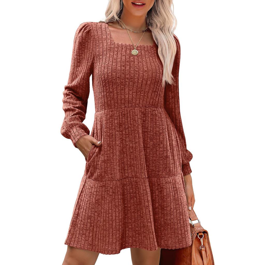 Womens  Square Neck Long Sleeve Dress Casual  Knit Dress With Pockets