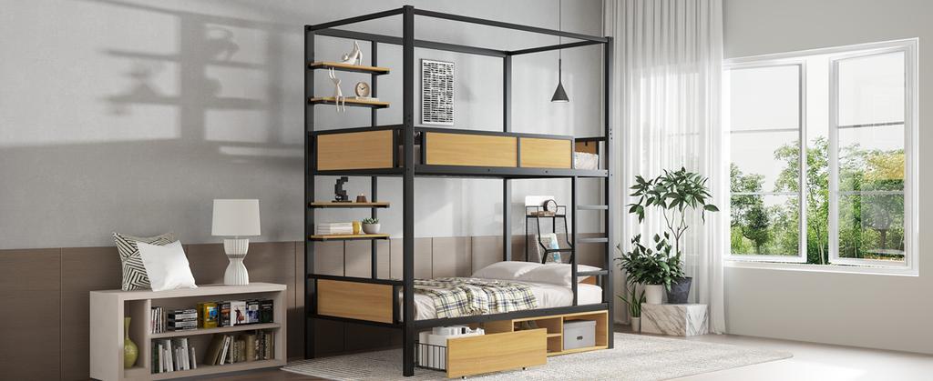 Bunk Bed, Iron + MDF, Double Shelf Board On the Side, Storage Space Under Bed, Bed Curtain Can Be Attached To Upper Bed, Black + Natural, 90x200cm