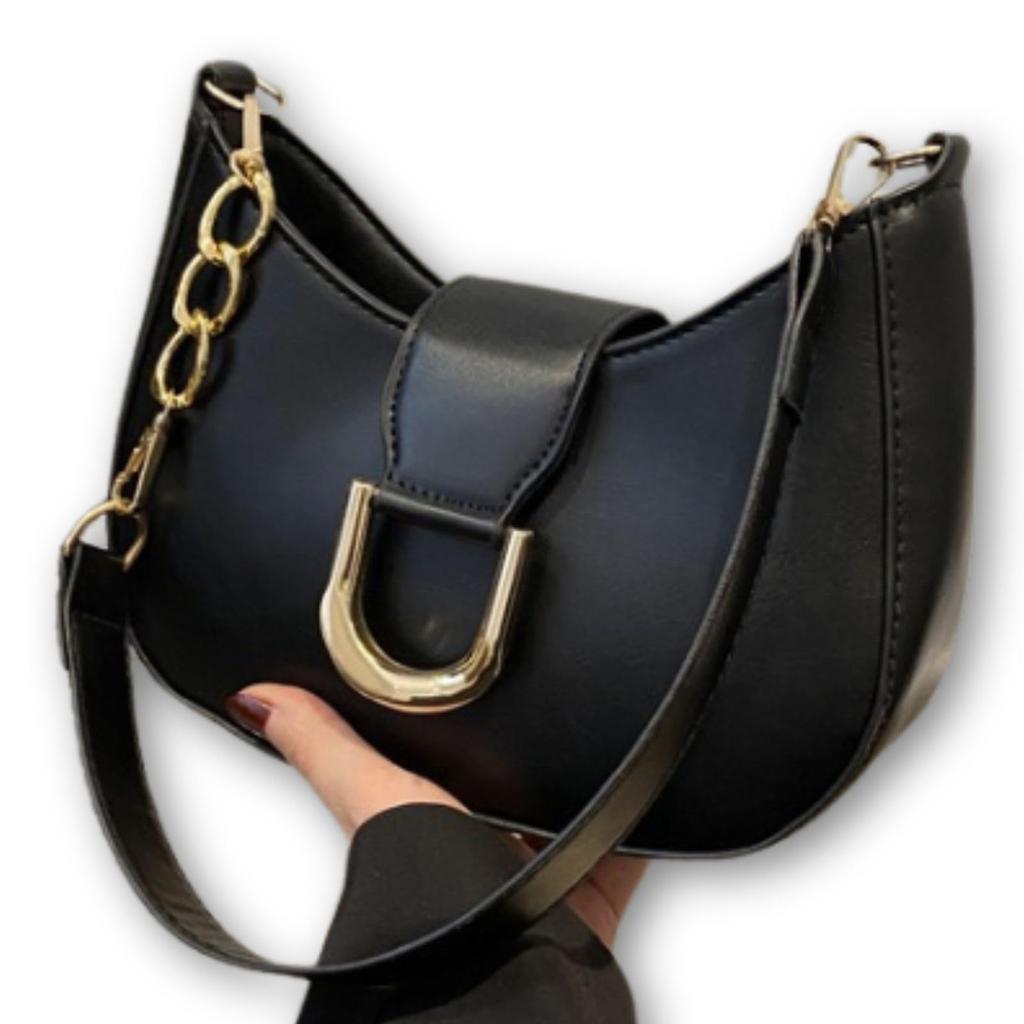 Leap Raupe Crescent-Shaped Shoulder Bag, Small Half-Moon Bag, PU Leather, Women's, Black