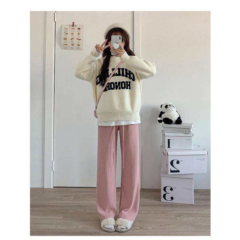 

Spring and summer knitted wide-leg pants women s high-waisted drape narrow version straight casual floor pants women s high-waisted and thin One Size (80-70kg) розовый