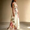 Women Halter Neck Maxi Dress Floral Print Sleeveless Long Flowing A-Line Vacation Dress with Waist Tie