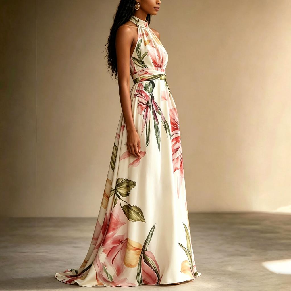 Women Halter Neck Maxi Dress Floral Print Sleeveless Long Flowing A-Line Vacation Dress with Waist Tie