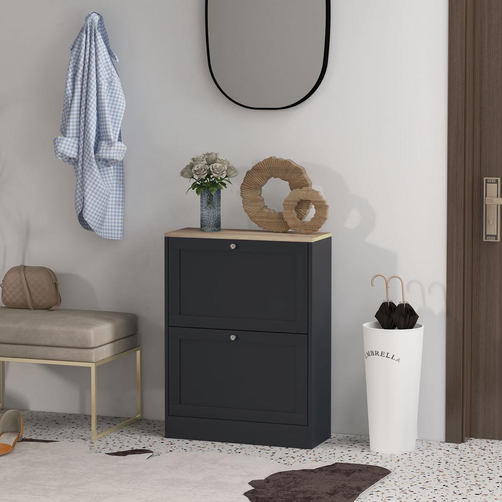 Shoe Cabinet for 12 Pairs, 2 Drop-Down Drawers, Adjustable Shelves, 60x23.5x80cm, Black