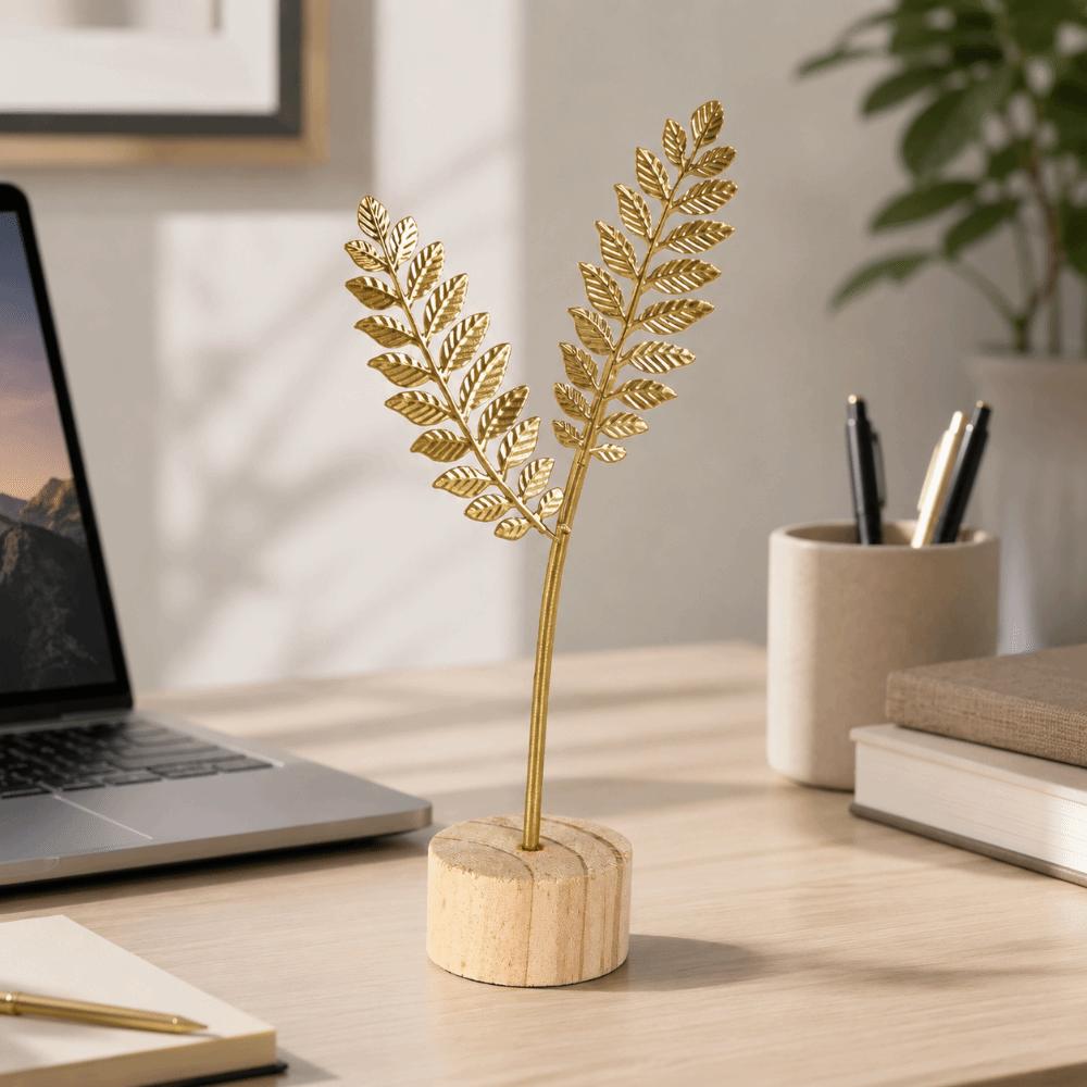Wood Base Miniature Figurines Metal Art Ginkgo Leaf Ornament Desktop Ornaments  Home Decoration