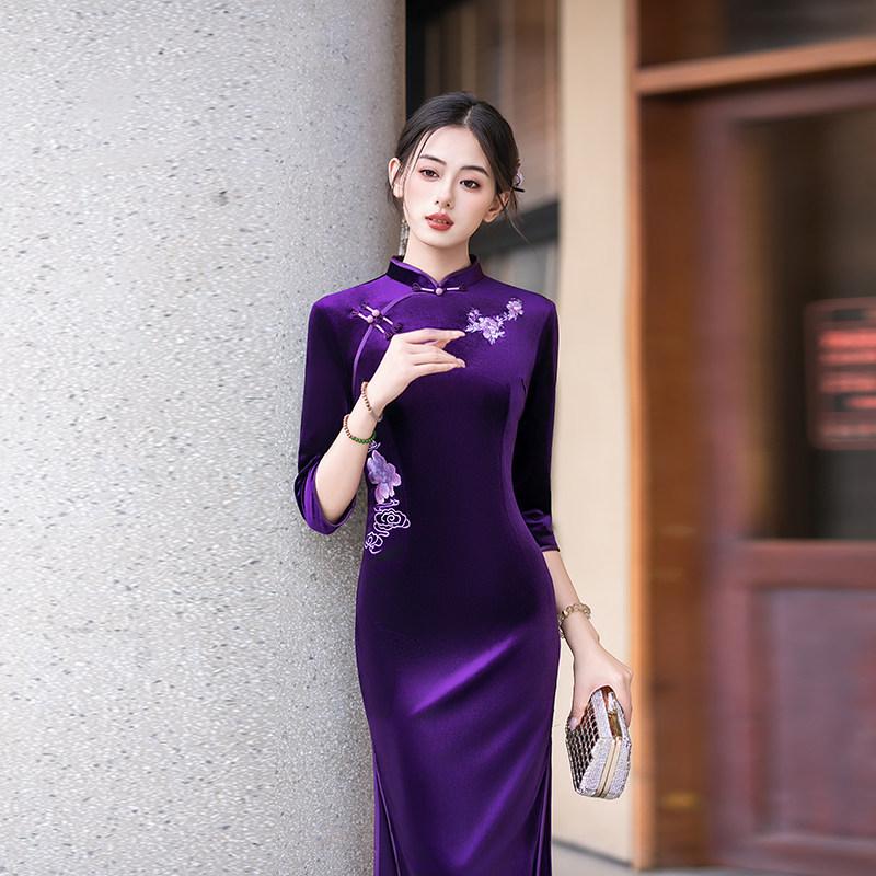 Purple National Style New Chinese Suzhou Autumn Long-sleeved Improved Cheongsam 1011 New Women's High-end Spring and Autumn Mother Outfit