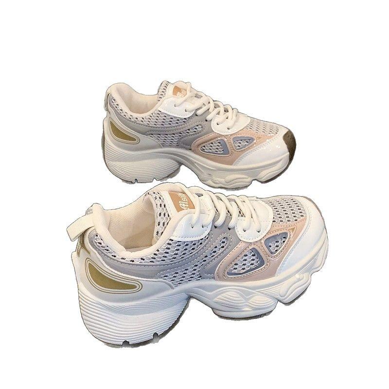 New Summer Leather Dad Shoes Simple Mesh Versatile Thick-soled Breathable Running Shoes