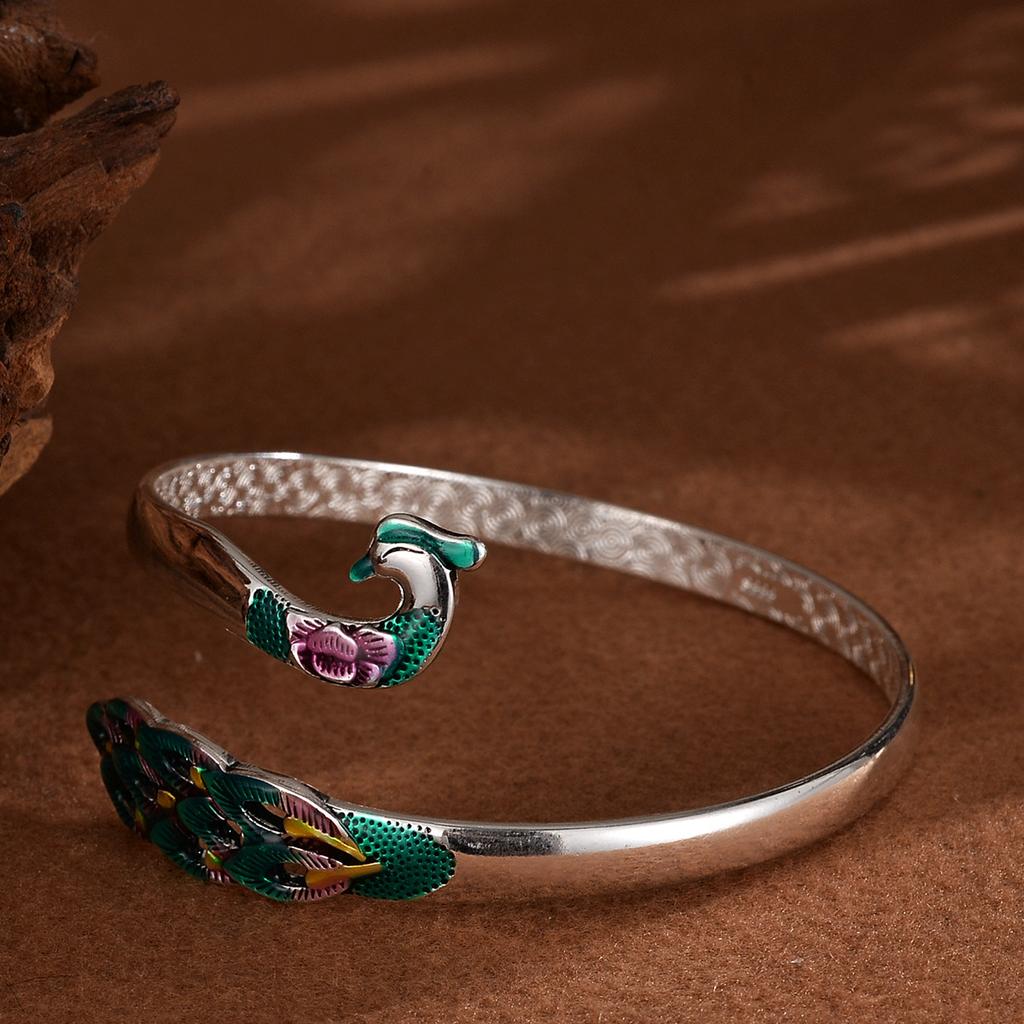 Manufacturer's Direct Sales Enamel Peacock Silver Bracelet with Ethnic Style Retro Phoenix Drop Glue Bracelet As A Birthday Gift for Friends