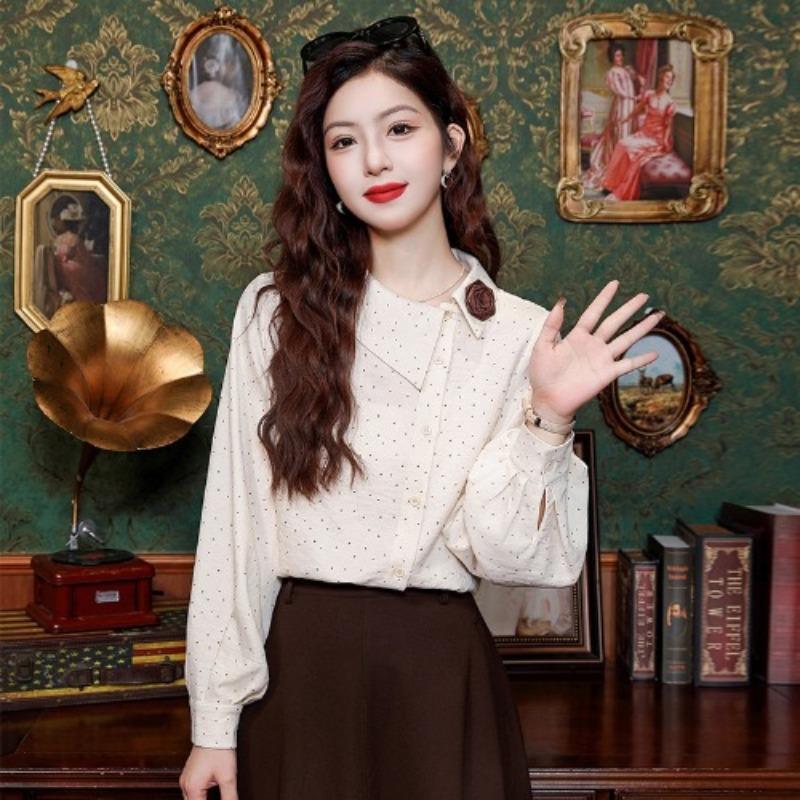Hong Kong Style Retro Irregular Polka Dot Long-sleeved Shirt for Women In Winter Fashionable Age-reducing Design Versatile Top