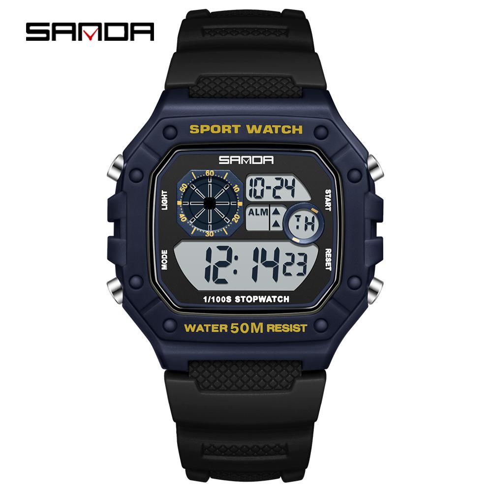 SANDA 2202 Fashionable Men's Electronic Watch Sports Multifunctional Waterproof LED Single Display Small Square Electronic Watch