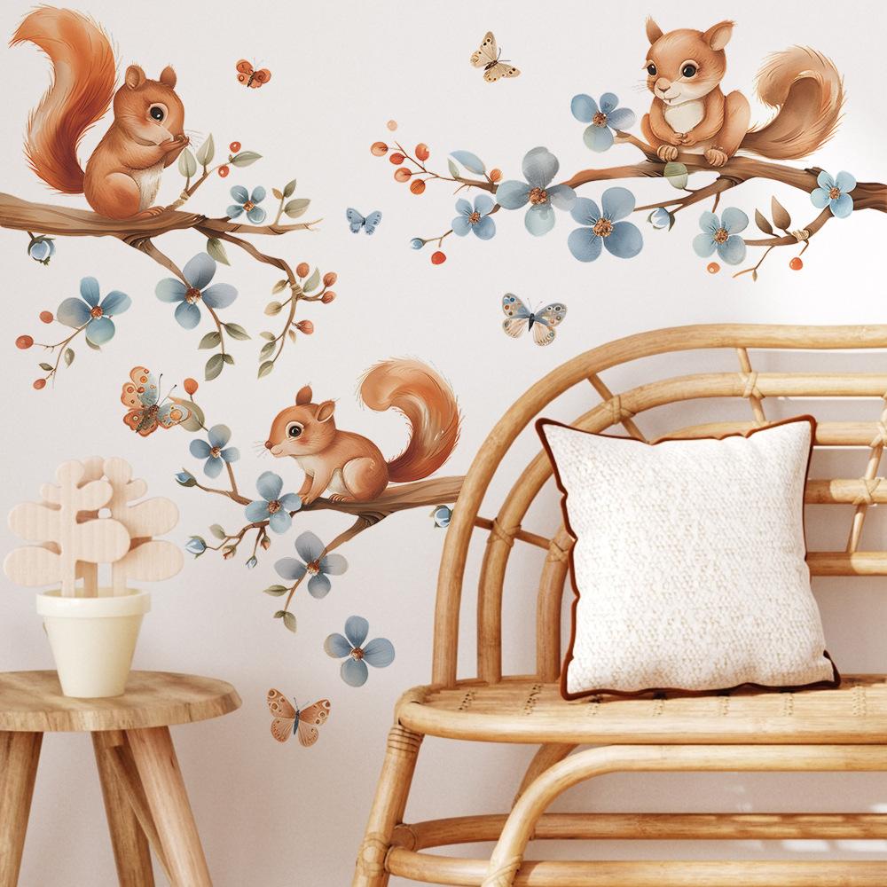 Fun-b48 Cartoon Painted Squirrel Climbing Tree Children's Bedroom Living Room Wall Beautifying Wall Stickers