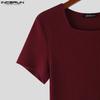 INCERUN Summer Men Square Collar Short Sleeve Zip-up Casual Rib Skinny T-shirts