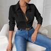 Ladies Casual Long Sleeve Lepal Solid Color Pocket Blouse Shirt Top