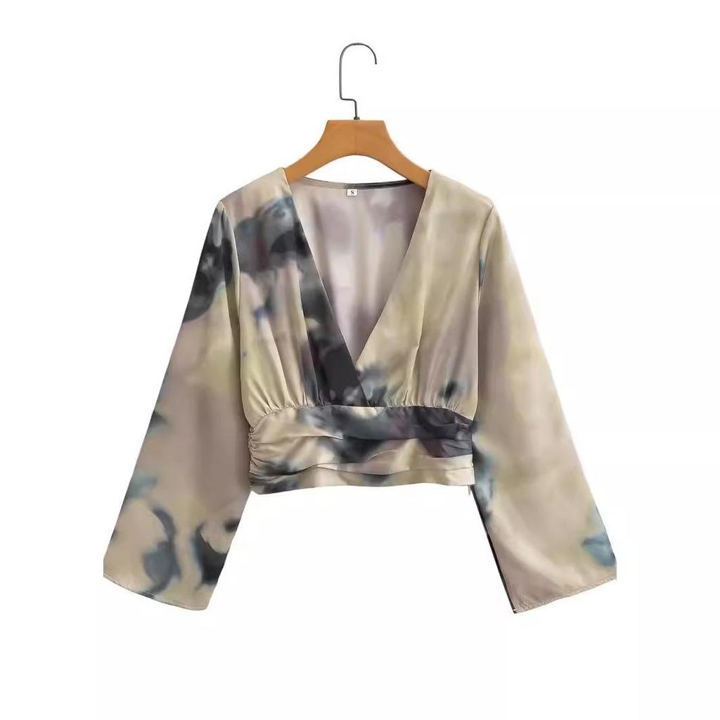 2024 Euro-American Women's Fashion: French Ink-Wash Short Top & Skirt Set