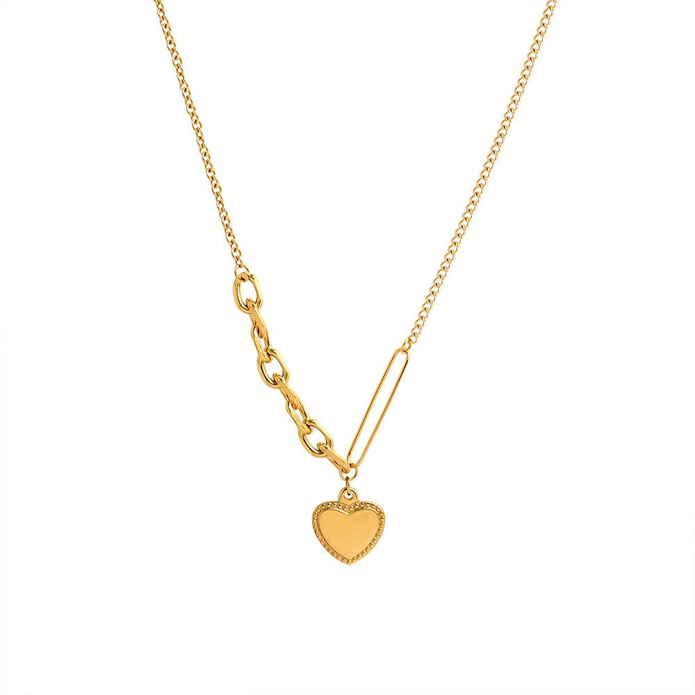 Trendy Chain Splicing Peach Heart Necklace, Personalized Versatile Titanium Steel Plated 18K Real Gold Collarbone Neck Chain P901
