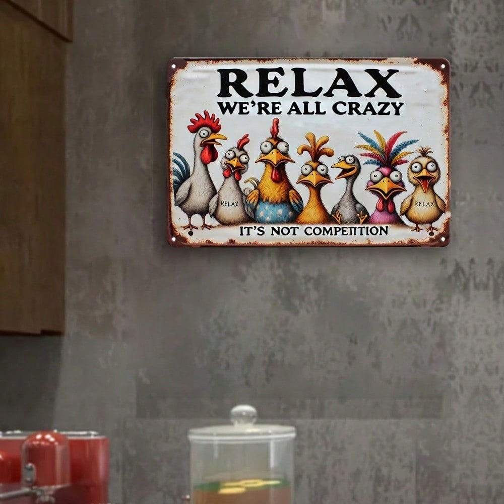Funny "Relax, We're All Crazy Here" Metal Sign - Weatherproof Pre-Drilled Decor for Home/Bar/Cafe/Office/Garage, Great Gift