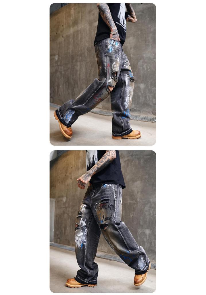 Men's 2025 American High Street Retro Distressed Graffiti Wide-Leg Jeans