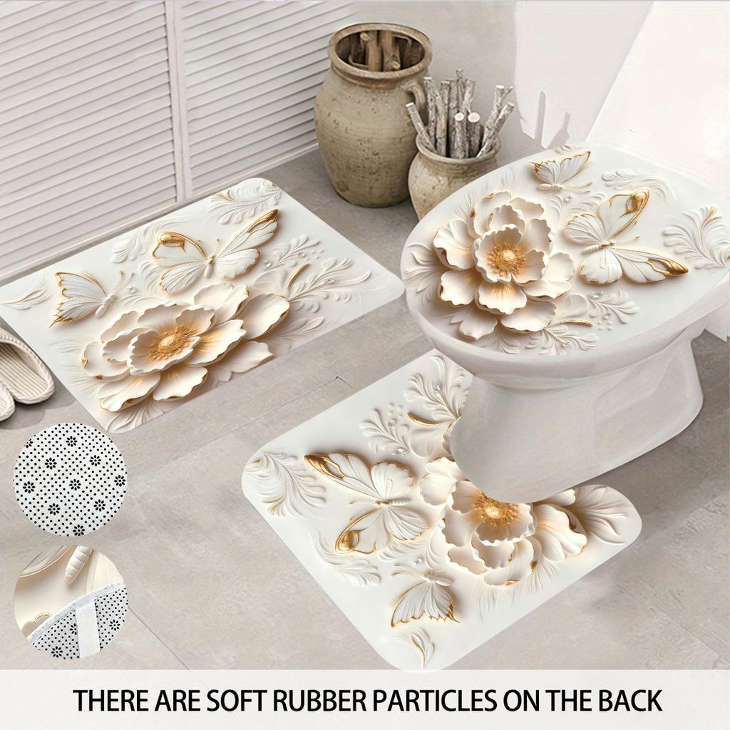 4pcs imitation relief hibiscus floral print bathroom set 180x180 waterproof shower curtain floor mat U-shaped mat toilet cushion