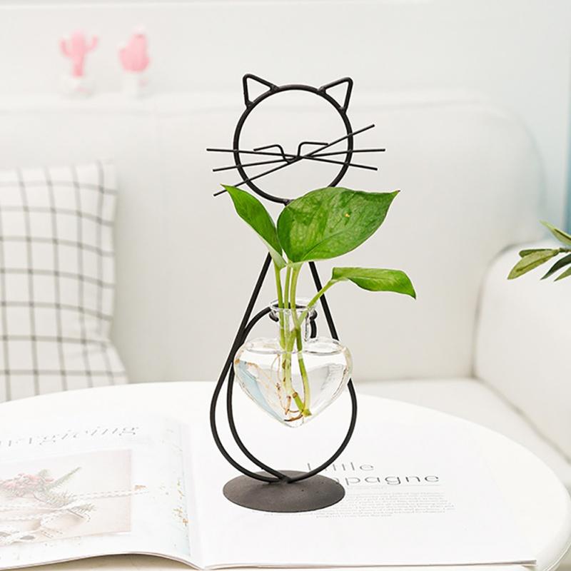 Cute Cat Iron Flower Vases High Temperature Baking Paint Hydroponic Glass Cat Shape Heart Vase With Metal Holder