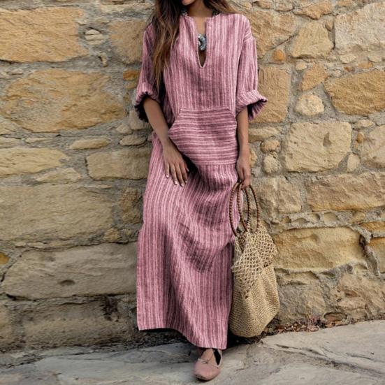 Vintage Stripe Print V-Neck Long Sleeve Women Loose Cotton Linen Maxi Dress