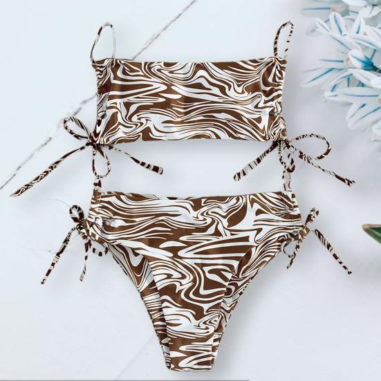 

Спагетти Ремешки Bandeau Sexy Plus Size Высокая талия Лето Бикини Нерегулярный полосатый принт Боковой шнуровка Леди Купальник
