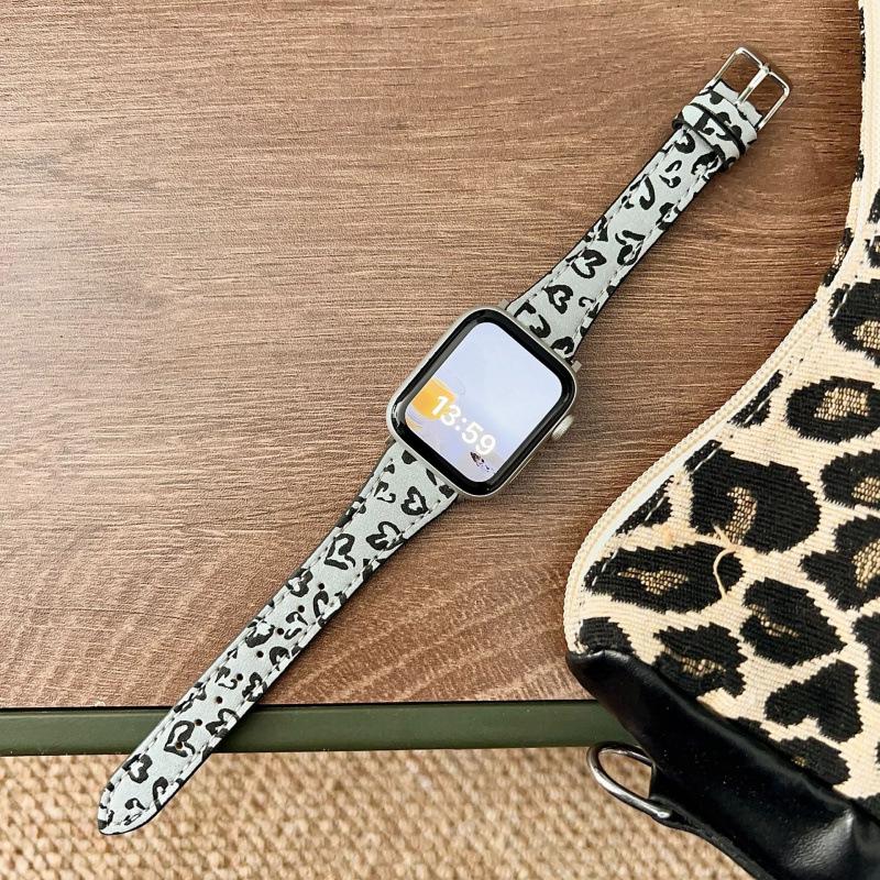 Leopard Print Leather Strap for Apple Watch 11 iWatch 10987E, Huawei FIT4, Xiaomi 9PRO